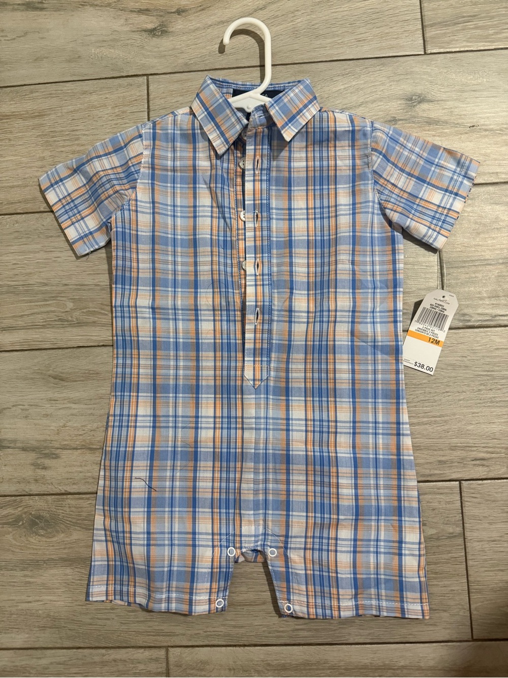 BNWT Blue and Tan Plaid Short-Sleeve Baby Romper